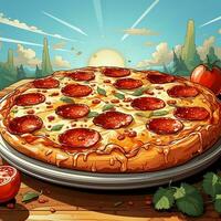 Karikatur Stil köstlich Italienisch Peperoni Pizza auf retro Pop Kunst Hintergrund generativ ai foto