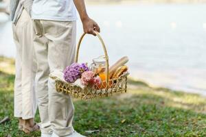 Paar Gehen im Garten mit Picknick Korb. im Liebe Paar ist genießen Picknick Zeit im Park draußen foto