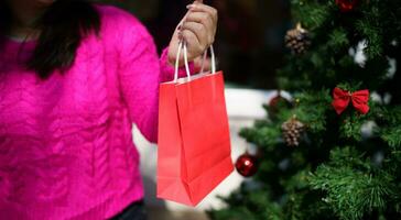 glücklich asiatisch Mädchen halt Einkaufen Taschen Weihnachten gegenwärtig. heiter Frau mit Weihnachten Neu Jahr Winter Verkauf foto