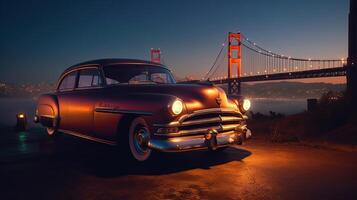 Lowrider mit Benutzerdefiniert Farbe Arbeit, Nachtleben, und Neon- Fahren durch san Francisco golden Tor Brücke, breit Punkt von Sicht, generativ ai foto