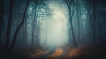 Nebel im gespenstisch Wald beim Mond Licht auf Asphalt - - abstrakt Bokeh und Filter getönt, generativ ai foto