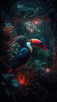 ein dunkel Nacht Wald mit Orange Schnabel Tukan mit rot Neon- Licht, generativ ai foto