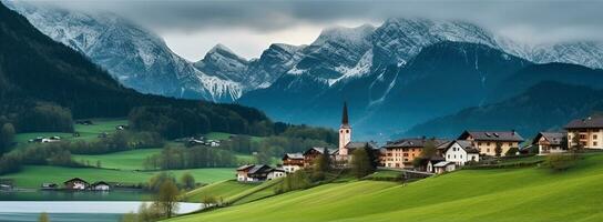 schön Dorf im ein alpin Berg Landschaft. generativ ai foto