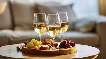 drei Weingläser von Jahrgang Chardonnay mit köstlich Vorspeisen. Weiß Wein, Italienisch Grissini, Feigen und Trauben. Innere Hintergrund. generativ ai foto