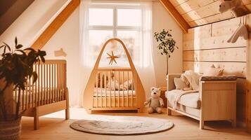 Licht braun kindisch Zimmer mit hölzern leeren Kinderbett. schön Kind Spielzeug im groß Hütte Hintergrund. modern Öko Haus. generativ ai foto