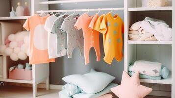 Neugeborene Kleidung auf Fußboden Aufhänger Baby Zimmer Design. Säugling Strampler Anzüge durch Bettwäsche zeitgenössisch Wohnung Innere. generativ ai foto