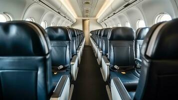 Reihen von schwarz Leder Sitze und Bullauge Fenster im kommerziell Flugzeug Kabine. Wirtschaft Klasse Stühle von Flugzeug. generativ ai foto