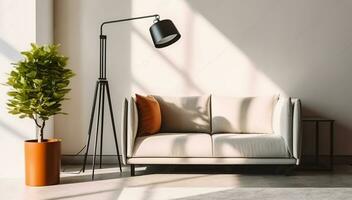 Leben Zimmer Innere dekoriert Couch, stilvoll Lampe, Teppich und inländisch Pflanze bleiben auf Marmor Boden. generativ ai foto