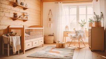 Licht braun kindisch Zimmer mit hölzern leeren Kinderbett. schön Kind Spielzeug im groß Hütte Hintergrund. modern Öko Haus. generativ ai foto