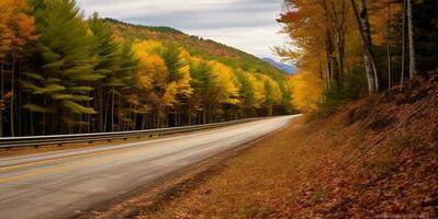 erkunden das Schnellstraße im das zauberhaft Herbst Wald. generativ ai foto