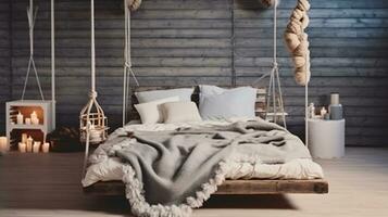 gemütlich Bett suspendiert von das Decke, geschmückt mit ein grau groß stricken Decke, Kerzen, und skandinavisch Stil. generativ ai foto
