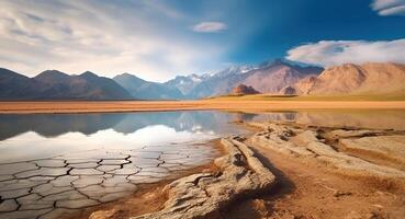 Landschaft mit Berge und ein See und ein getrocknet Wüste. global Klima Veränderung Konzept. generativ ai foto