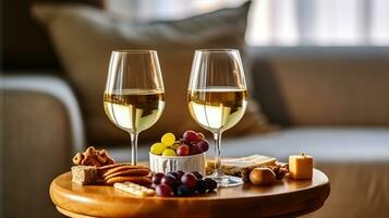 drei Weingläser von Jahrgang Chardonnay mit köstlich Vorspeisen. Weiß Wein, Italienisch Grissini, Feigen und Trauben. Innere Hintergrund. generativ ai foto