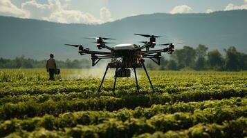 Farmer Techniker entfernt fliegen landwirtschaftlich Drohnen zu fliegen zu sprühen Dünger im Felder. generativ ai foto