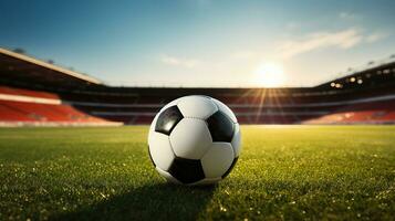 das einsam Fußball Ball inmitten das riesig Grün Feld und hoch aufragend Stadion steht. generativ ai foto