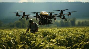 landwirtschaftlich Technologie Clever Bauernhof Konzept. Farmer Techniker entfernt fliegen landwirtschaftlich Drohnen zu fliegen zu sprühen Dünger im Felder. generativ ai foto