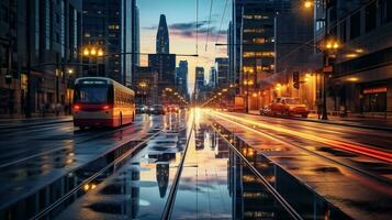 städtisch Verzauberung, lange Exposition Beleuchtung erleuchten das Stadt Nacht. generativ ai foto