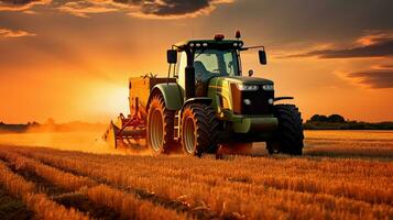 ein atemberaubend Nachmittag Ernte wie das landwirtschaftlich Traktor erntet das golden Weizen beim Sonnenuntergang. generativ ai foto