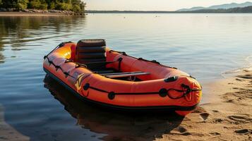 Abenteuer auf das Horizont, rot Packraft und Paddel auf das Strand. generativ ai foto