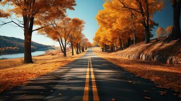 lange leeren Straße mit fallen Laub und Bäume, Herbst Antrieb. generativ ai foto