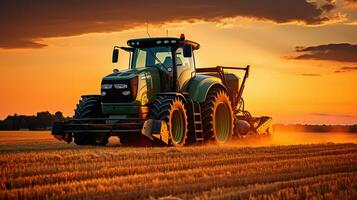 ein kombinieren Mähdrescher oder landwirtschaftlich Traktor ist wird bearbeitet oder Ernte Weizen im ein Feld im das Nachmittag beim Sonnenuntergang. generativ ai foto