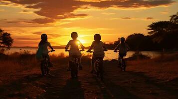 asiatisch Kinder Radfahren in das Sonnenuntergang Silhouette. generativ ai foto
