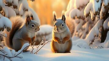 flauschige Eichhörnchen inmitten das Verzauberung von ein Winter Wald Landschaft. generativ ai foto