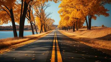 lange leeren Straße mit fallen Laub und Bäume, Herbst Antrieb. generativ ai foto