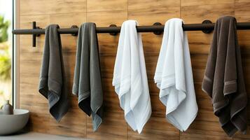 Baumwolle Frottee Handtücher im Weiss, Schwarz, und grau hängend auf ein Schiene im ein leeren Raum. generativ ai foto