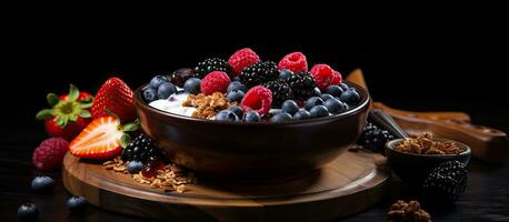 gesund Frühstück mit ein hölzern Löffel Granola mit Beeren und griechisch Joghurt im ein Schüssel auf ein schwarz foto