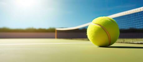 das Tennis Ball und Tennis Schläger sind Lügen auf das Tennis Gericht auf ein sonnig Tag mit leeren Raum foto