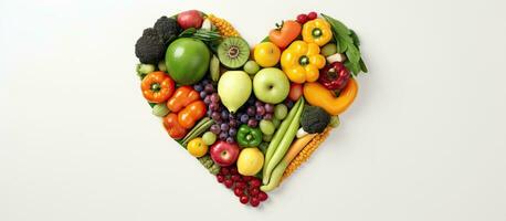 Früchte und Gemüse vereinbart worden im das gestalten von ein Herz, Darstellen gesund Essen und Ernährung, foto