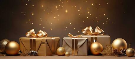 ein Neu Jahr Karte mit Weihnachten Geschenk Kisten und golden Dekorationen auf ein khaki Hintergrund foto