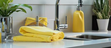 zeigt ein Paar von Gelb Waschen oben Handschuhe platziert auf ein Wasserhahn, neben schmutzig Geschirr und ein Seife foto