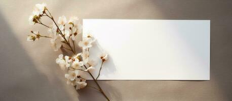 oben Aussicht von ein minimalistisch leeren Segeltuch Papier oder Karte mit Raum zum Text und ein Blume Zweig, mit foto
