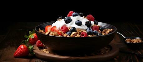 gesund Frühstück mit ein hölzern Löffel Granola mit Beeren und griechisch Joghurt im ein Schüssel auf ein schwarz foto