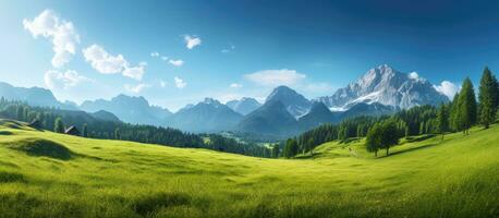 ein atemberaubend alpin Landschaft im Österreich während das Sommer- Jahreszeit, mit üppig Gras und Kiefer foto