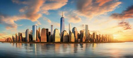 das Manhattan Innenstadt Horizont im Neu York Stadt ist beleuchtet mit Wolkenkratzer beim Sonnenuntergang, Erstellen foto