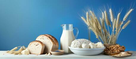 Shavuot ist ein jüdisch Urlaub gefeiert mit Molkerei Produkte, Käse, traditionell brot, Milch foto