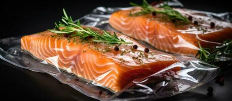 Lachs Filets verpackt im ein Vakuum Siegel. ein Kochen Methode namens Sous-Vide, welche Verwendet Neu foto