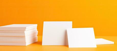 Weiß Geschäft Karten mit Raum zum Schreiben auf ein Gelb und Orange Hintergrund. Darstellen foto