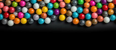 bunt Süßigkeiten Bälle sind vereinbart worden auf ein Grauschwarz Papier Hintergrund im das Format von ein horizontal foto
