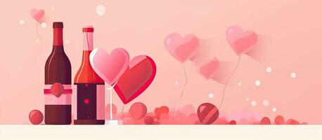 Valentinsgrüße Tag Gruß Karte mit ein Champagner Flasche, zwei Gläser, Schokolade Herzen, und foto