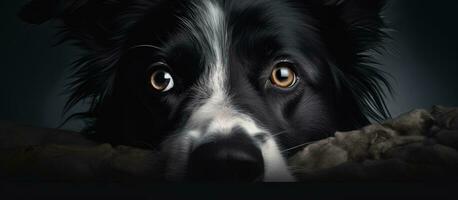 jung Rand Collie Hund mit breit Augen und ein Banner mit Kopieren Raum auf das links Seite. ebenfalls ein foto