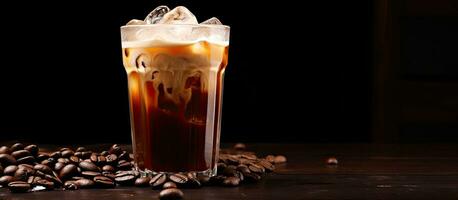kalt Kaffee mit Eis und Bohnen auf braun Oberfläche Kopieren Raum foto