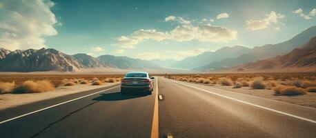 ein Fahrzeug begibt sich auf ein Straße Ausflug Abenteuer durch ein Wüste auf ein heiß Sommer- Morgen. es fährt foto