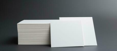 Weiß Geschäft Karten platziert auf ein grau Hintergrund mit leer Raum. repräsentiert Geschäft, Geschäft foto