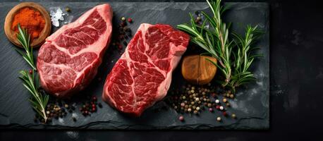 Prime schwarz Angus Rindfleisch Steaks, eine solche wie Streifenfilet und Rippe Auge, sind vorgestellt auf ein Stein Tafel foto
