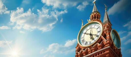 Nahansicht Aussicht von Uhren auf das spasskaya Turm von Moskau Kreml auf ein Sommer- Morgen. das Blau foto