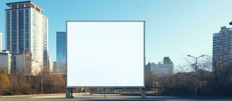 ein groß Vertikale Plakatwand mit leeren Raum zum Text auf ein städtisch Hintergrund gegen das Blau foto